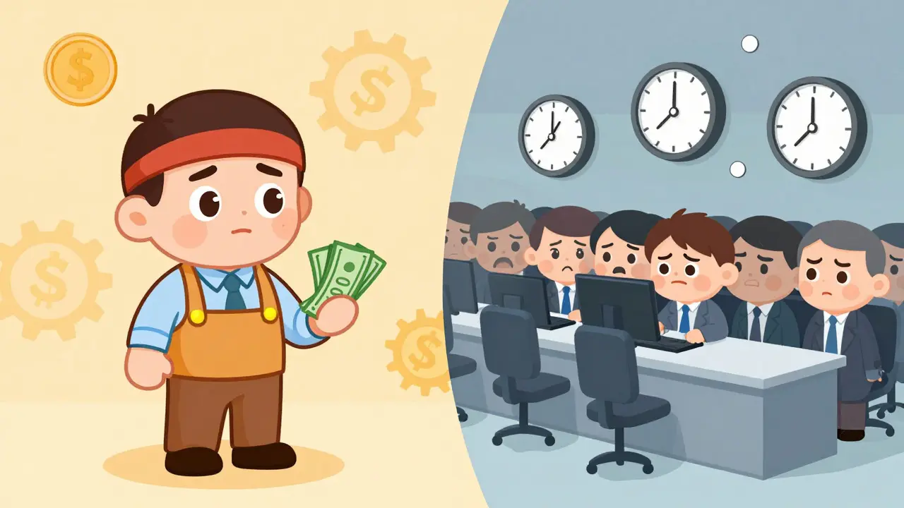 Split cartoon scene showing cautious depositing and frustrated withdrawals.