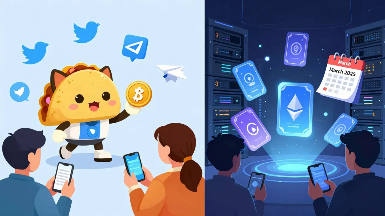 Split screen cartoon comparing social media tasks for TCT vs historical snapshot for WC.