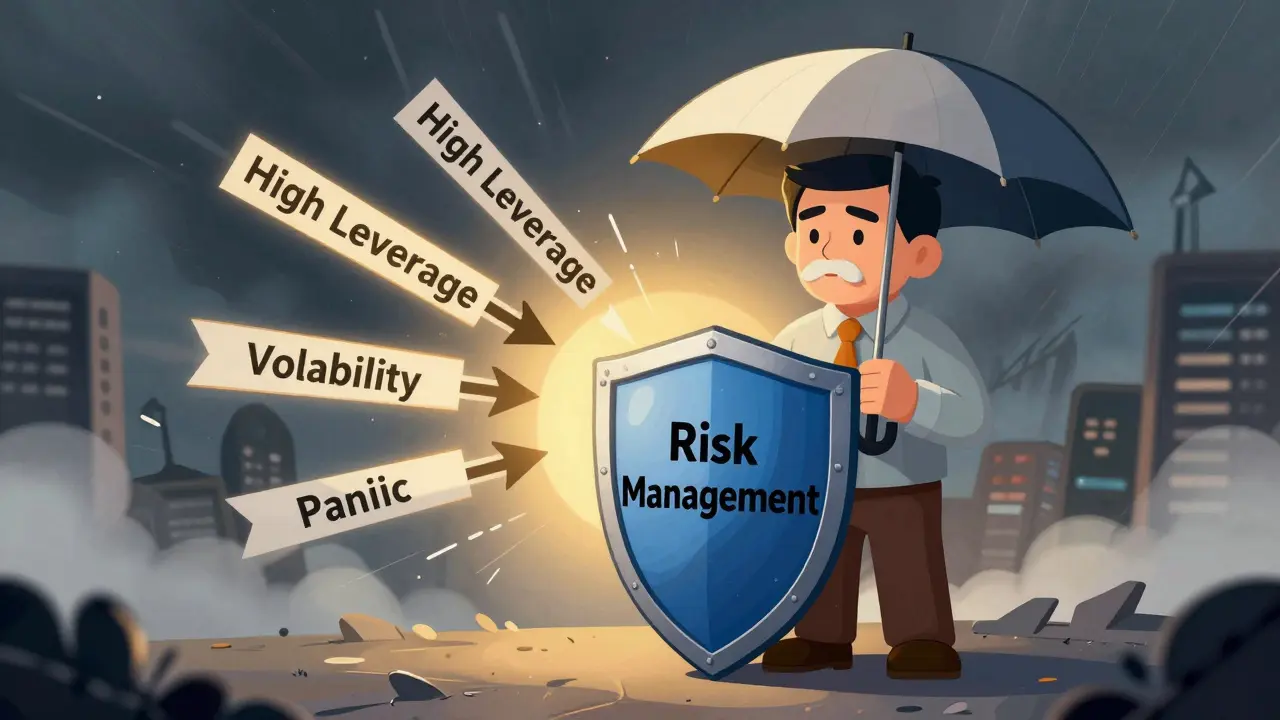Trader protected by risk management shield against market volatility arrows