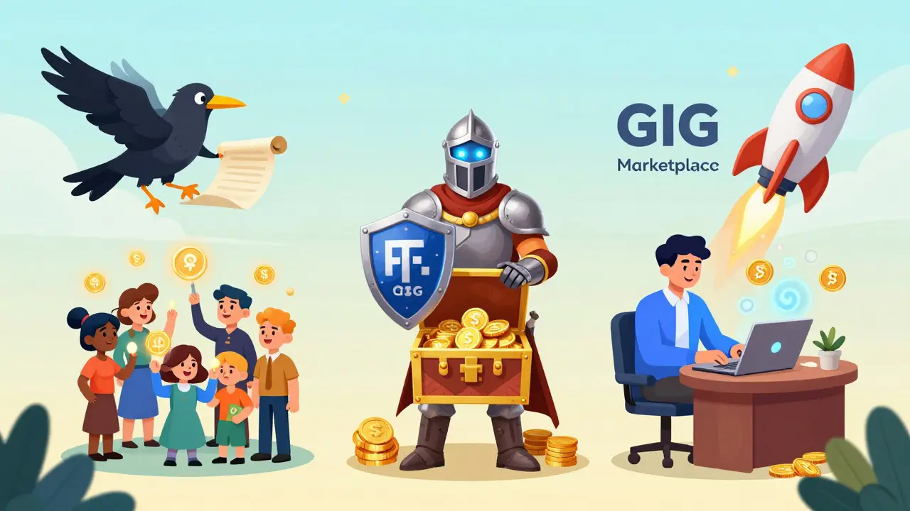 Whimsical cartoon showing crowdfunding, grants, freelancing, and IDO launchpad pillars.