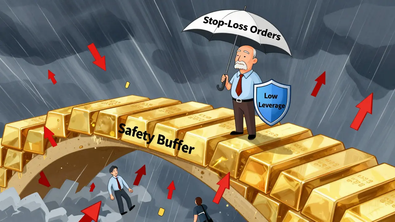Wise trader protected by stop-loss umbrella while others fall in storm