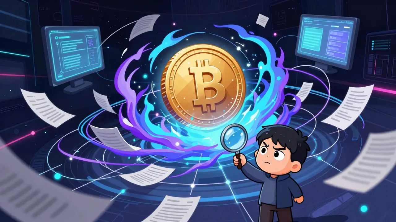 A confused character examining a chaotic tangle of digital tokens and data streams