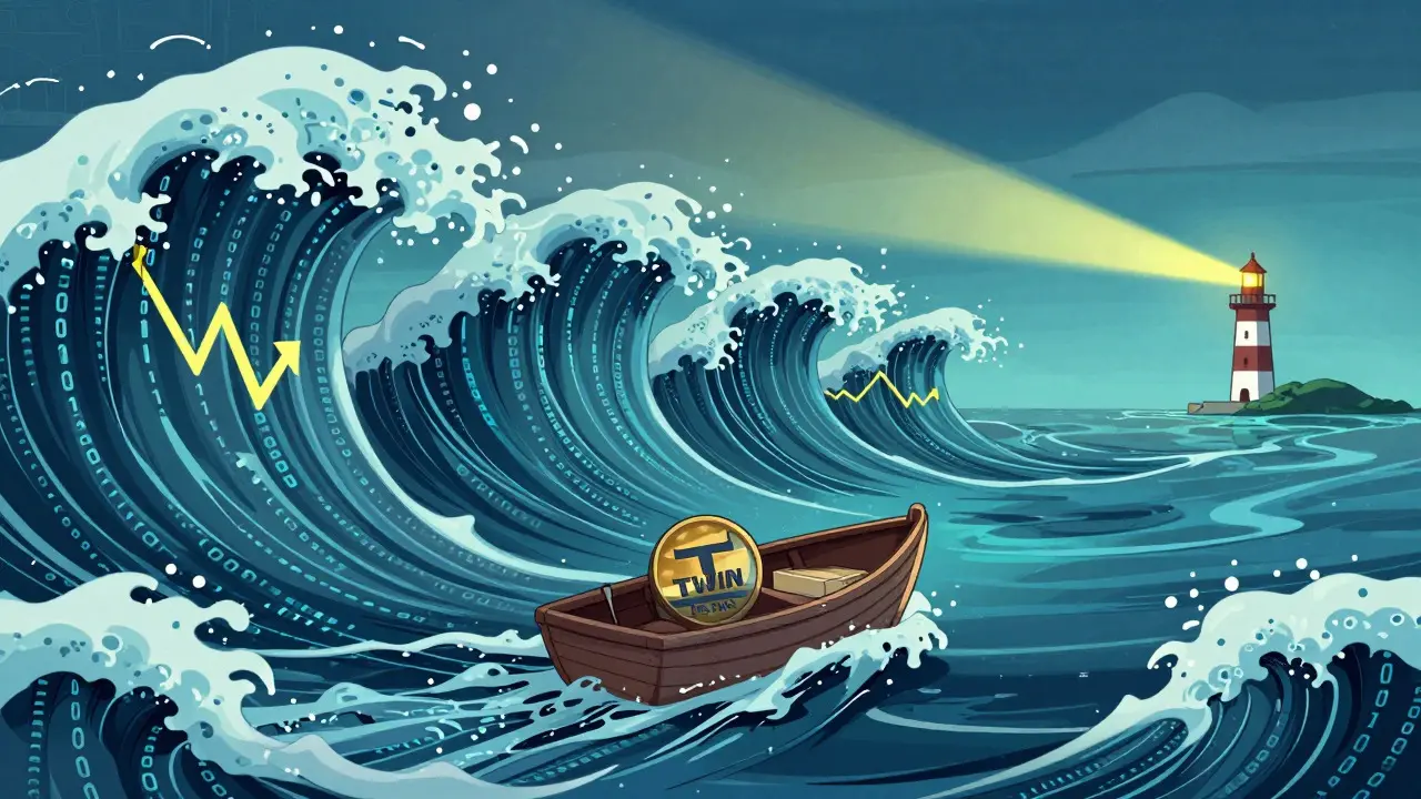 A small boat navigating rough digital waters with a distant lighthouse in the background