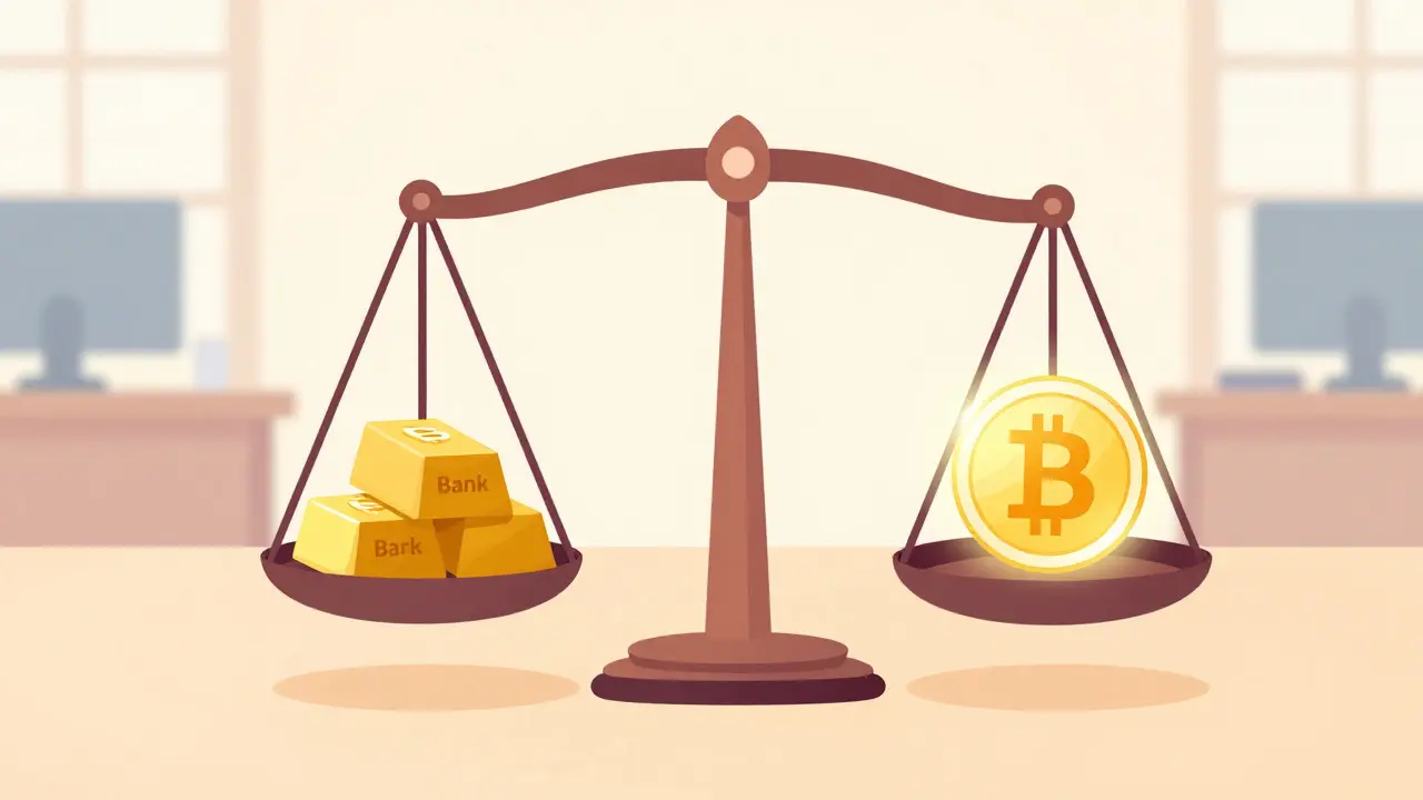 Balance scale weighing a gold bar against a glowing cryptocurrency coin.