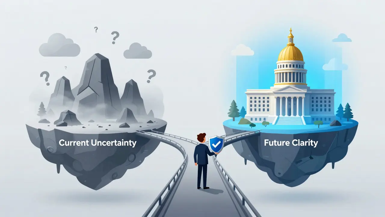 Business owner crosses a bridge from uncertain regulations toward future legal clarity.