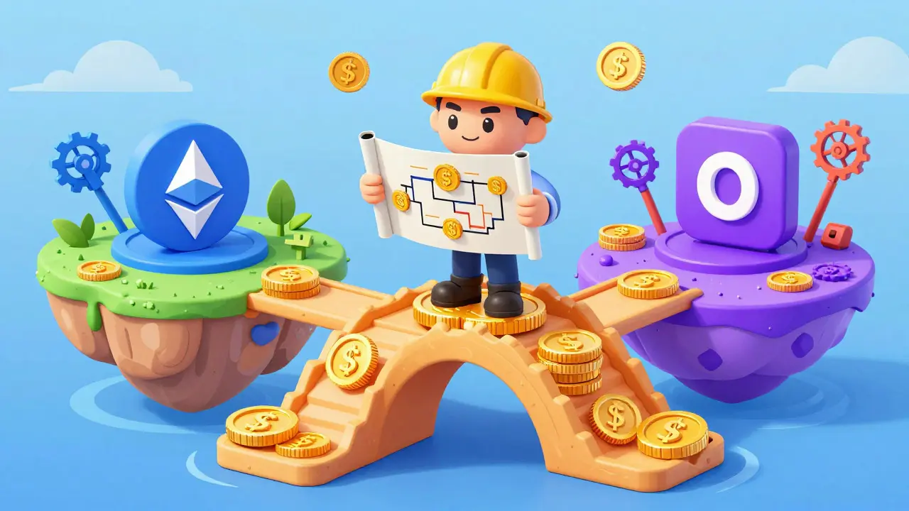 Cartoon bridge connecting two blockchain islands with a character managing cross-chain flows
