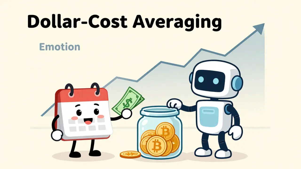 Cartoon calendar and robot automating crypto investments