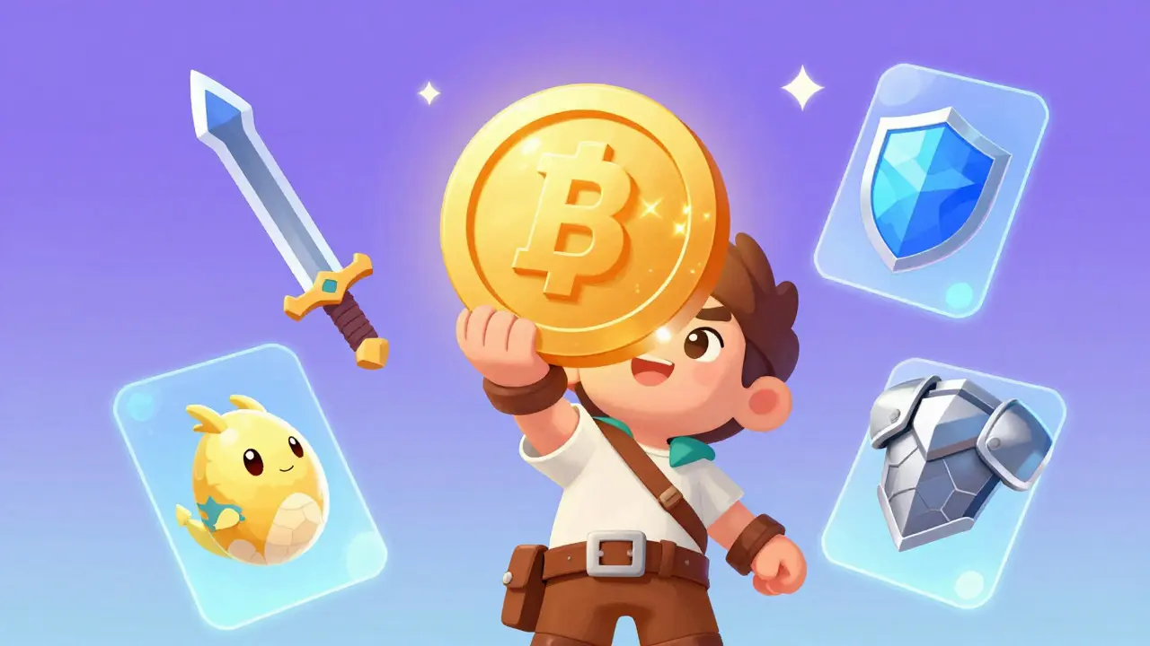 Cartoon character holding a glowing coin surrounded by floating digital weapon and armor items
