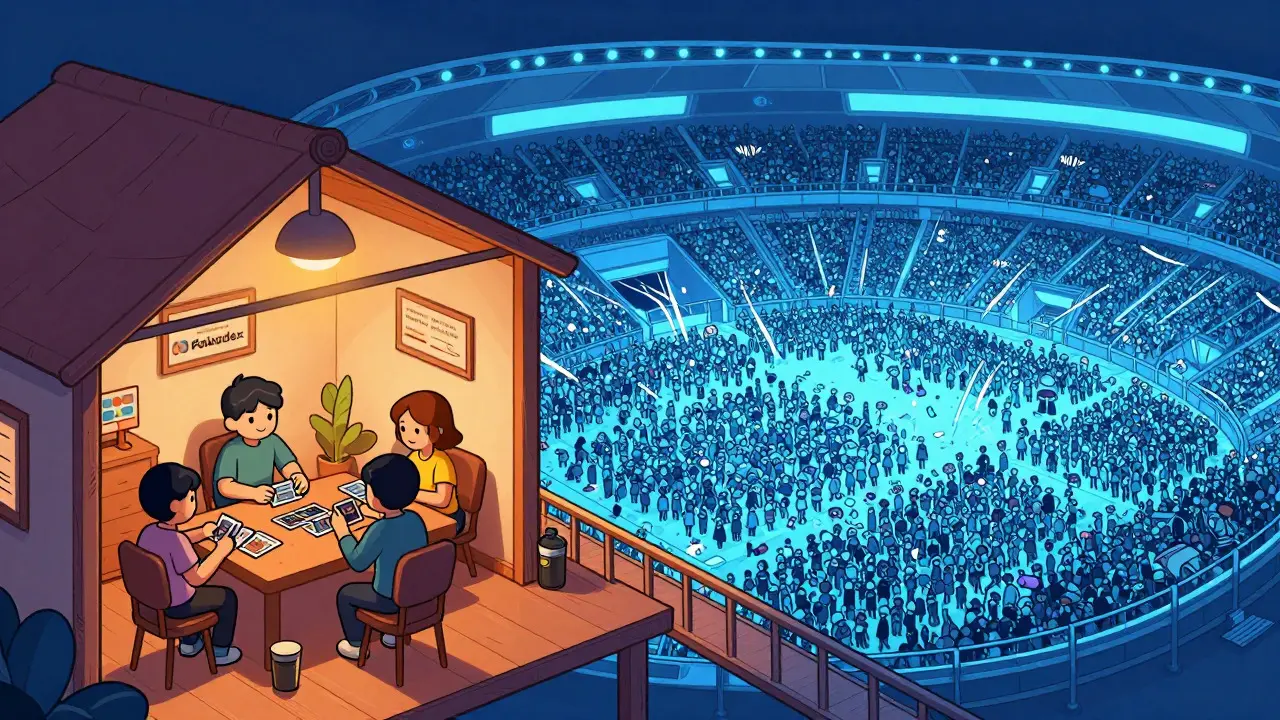 Cartoon comparing a small quiet trading room to a huge crowded stadium