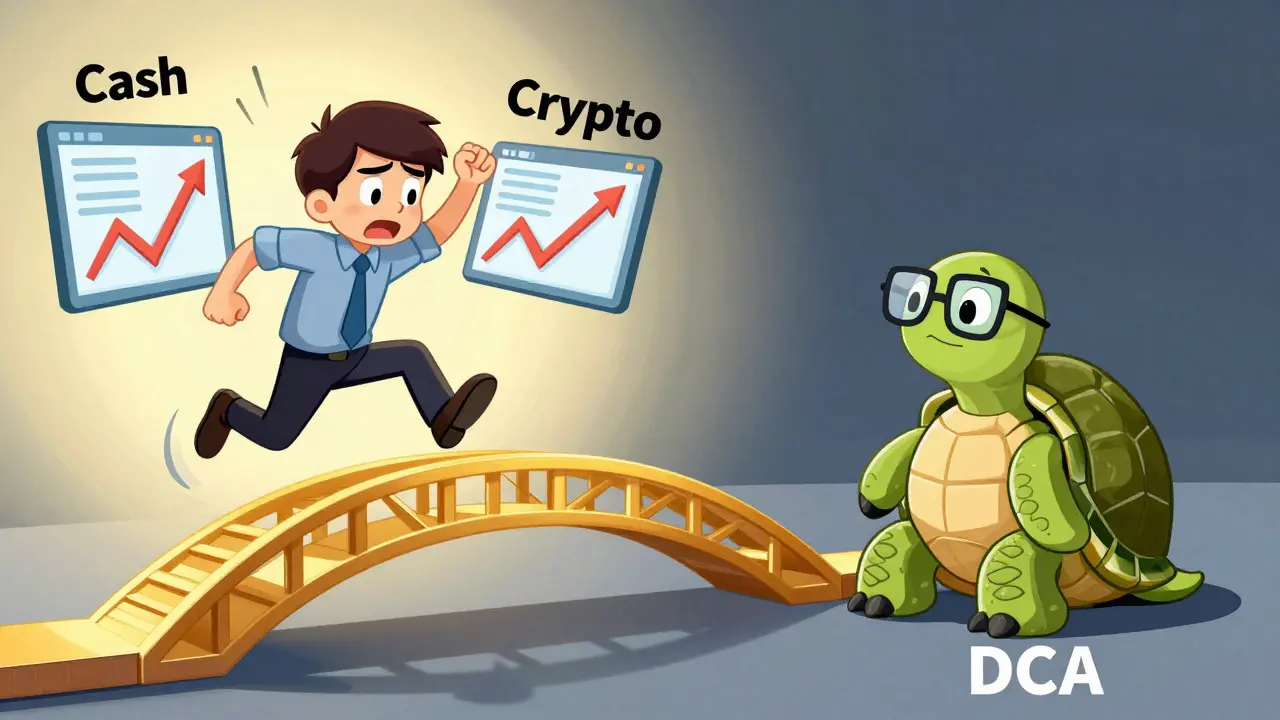 Cartoon comparing market timing stress vs steady DCA