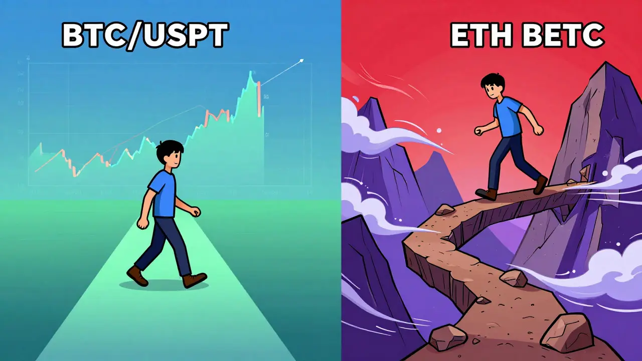 Cartoon comparing smooth USDT trading path vs volatile ETH-BTC