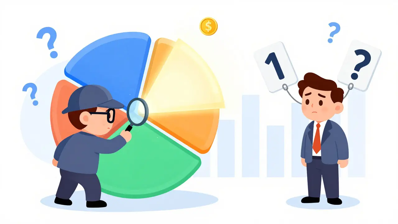 Cartoon detective examining a pie chart while an investor looks at conflicting price tags