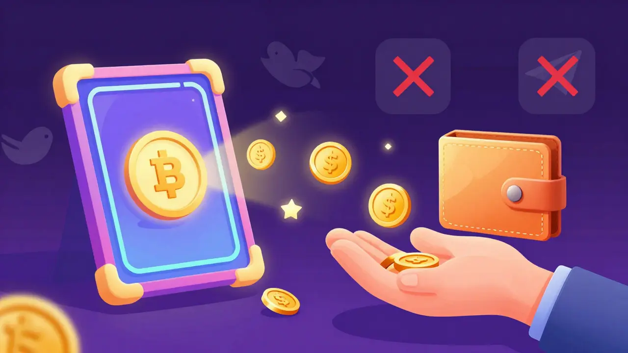 Cartoon illustration of NFT holder receiving token airdrop without social tasks