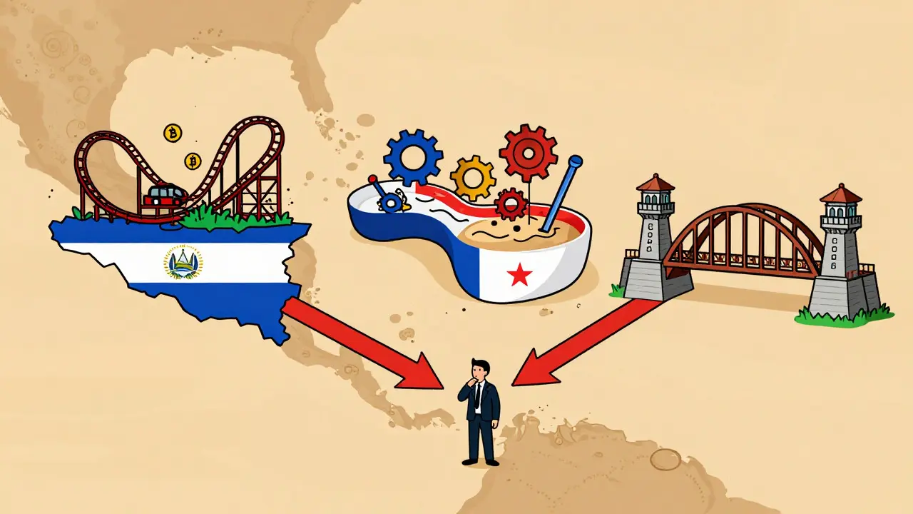 Cartoon map comparing crypto regulations in Costa Rica, El Salvador, and Panama