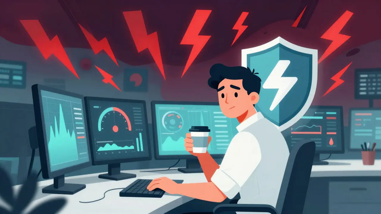Cartoon of a protected trader avoiding market chaos represented by lightning bolts