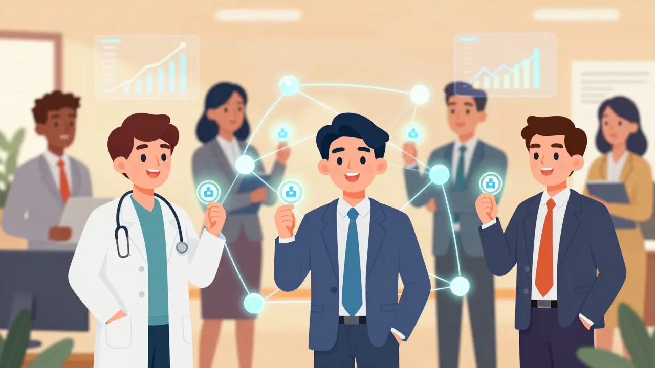 Cartoon of professionals sharing secure identity data via network