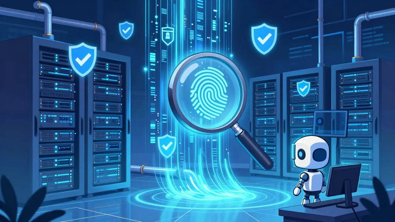 Cartoon of secure servers and security shields illustrating tech compliance standards