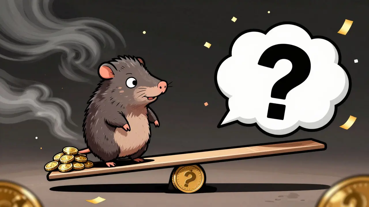 Cartoon opossum balancing on a seesaw representing market volatility and risk