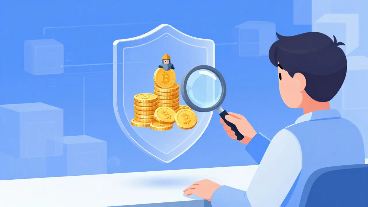 Cartoon player verifying a secure digital wallet containing tokens and a warrior figure