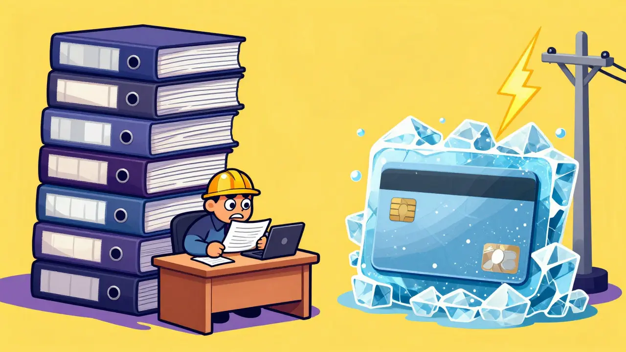 Cartoon showing paperwork stacks and frozen payments as mining risks