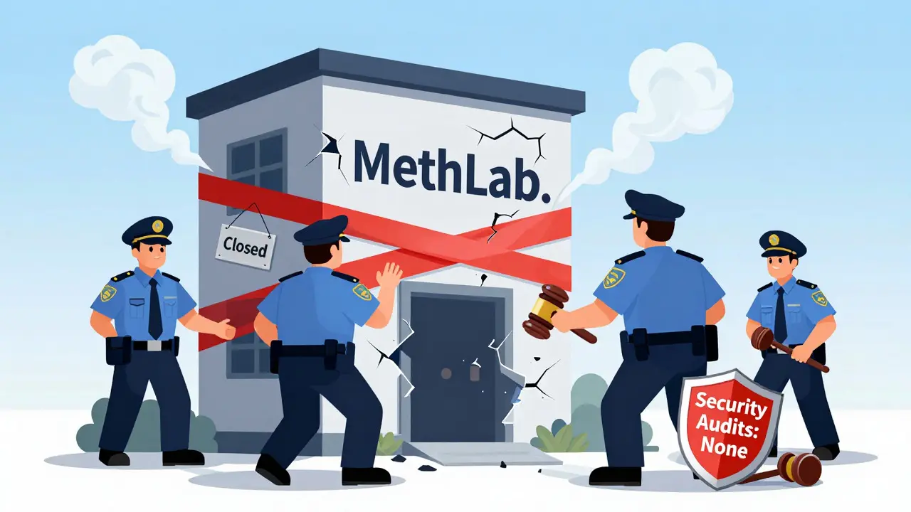 Cartoon showing regulators shutting down a scam exchange