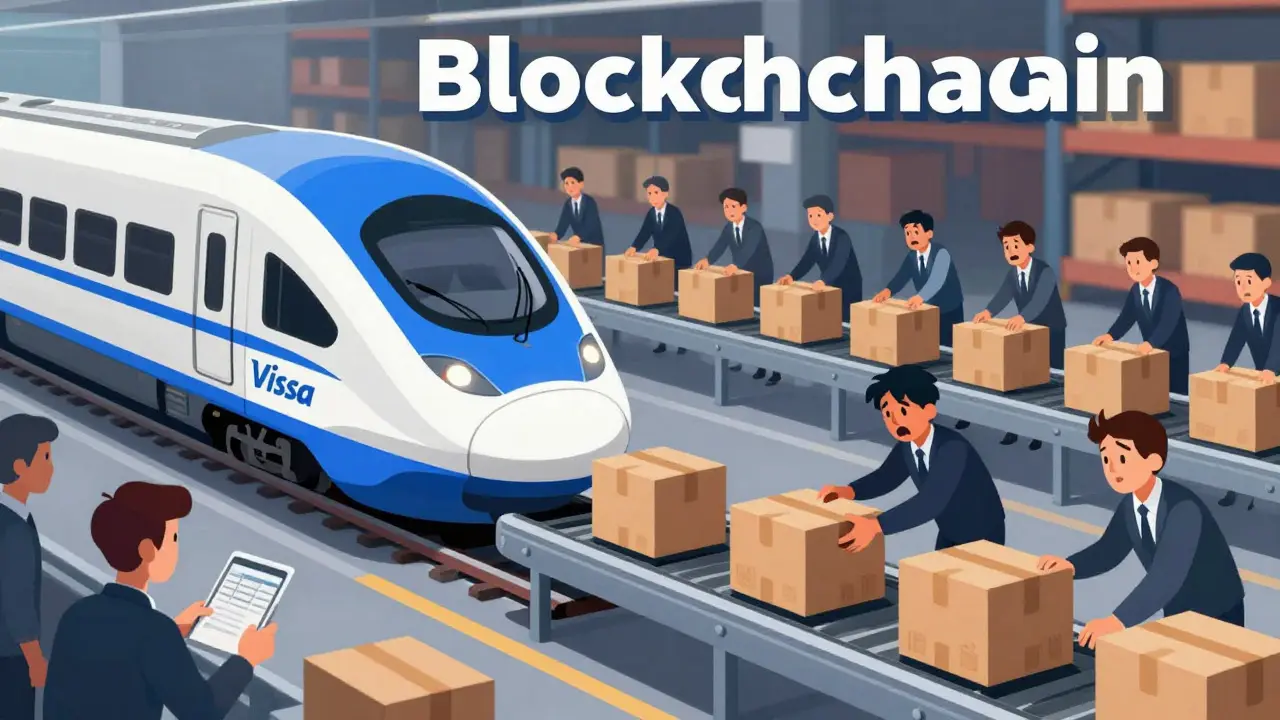 Cartoon showing slow blockchain processing versus fast traditional payments