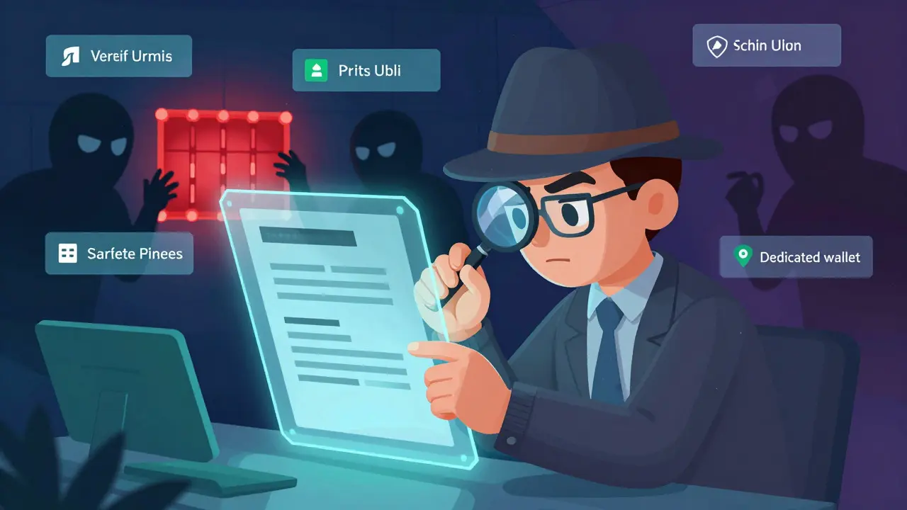 Cartoon trader verifying contract safety against DeFi scams
