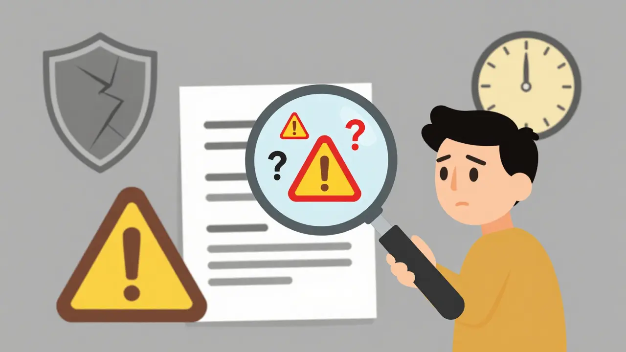 Character examining risks with a magnifying glass over warning signs and a cracked shield.