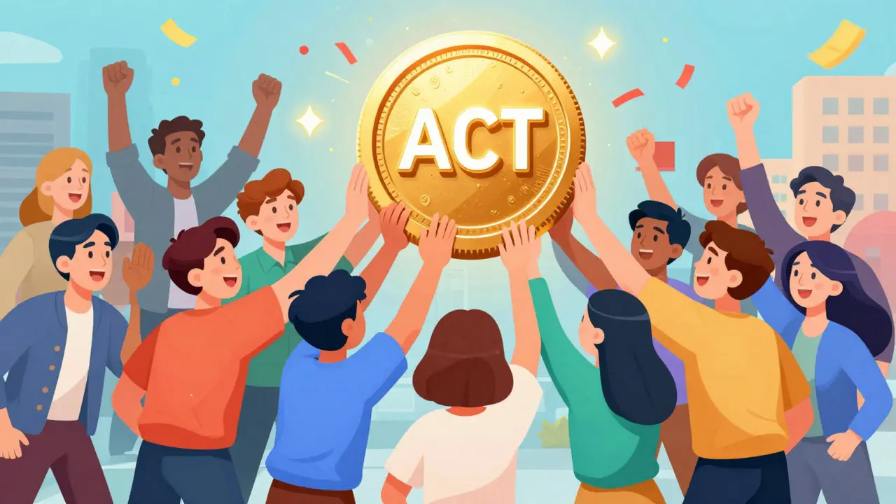 Community members lifting a glowing ACT token together in unity