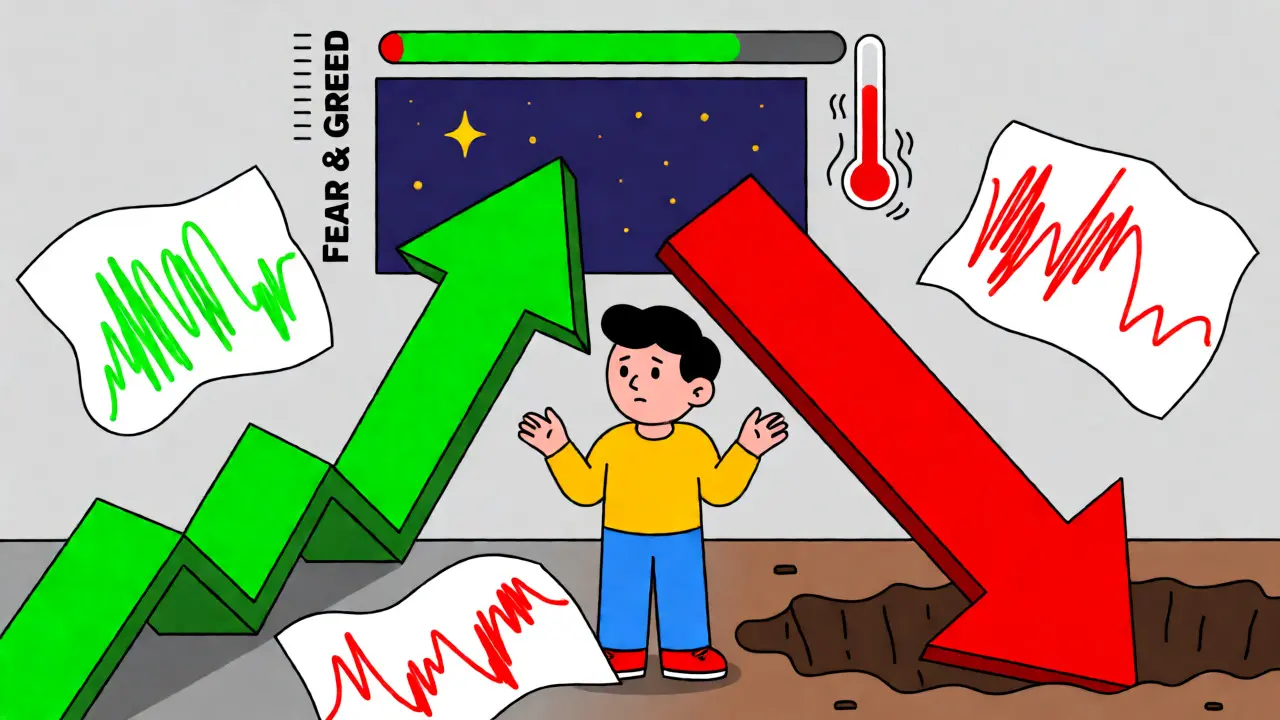 Confused figure amidst conflicting up and down price prediction arrows.