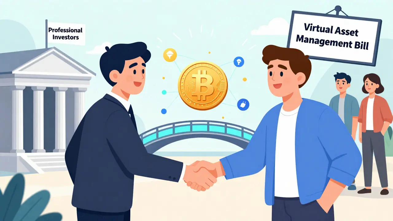 Crypto and banking partners shaking hands over a digital financial bridge.