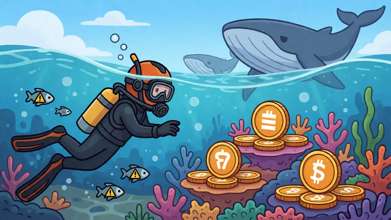 Diver exploring a crypto coin reef in murky waters near large exchange whales.