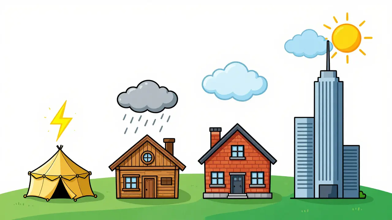 Four cartoon buildings from tent to skyscraper showing different market cap risk levels