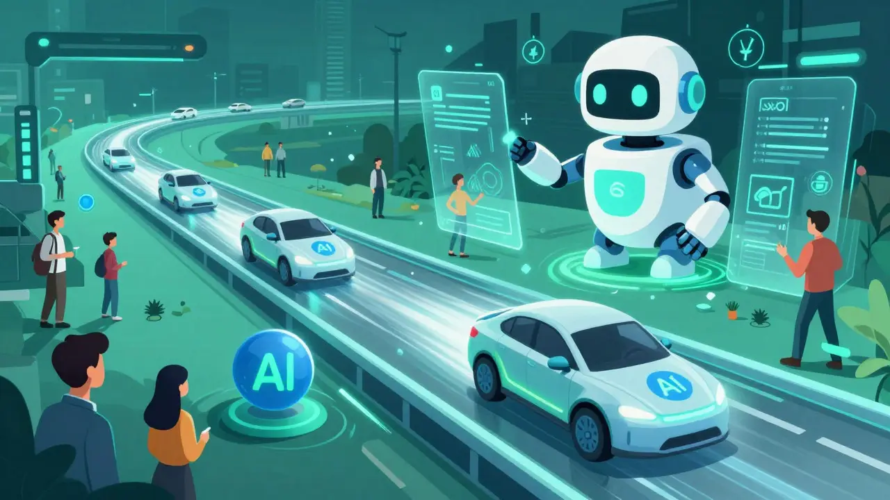 Futuristic AI robots interacting on a high-speed Solana network