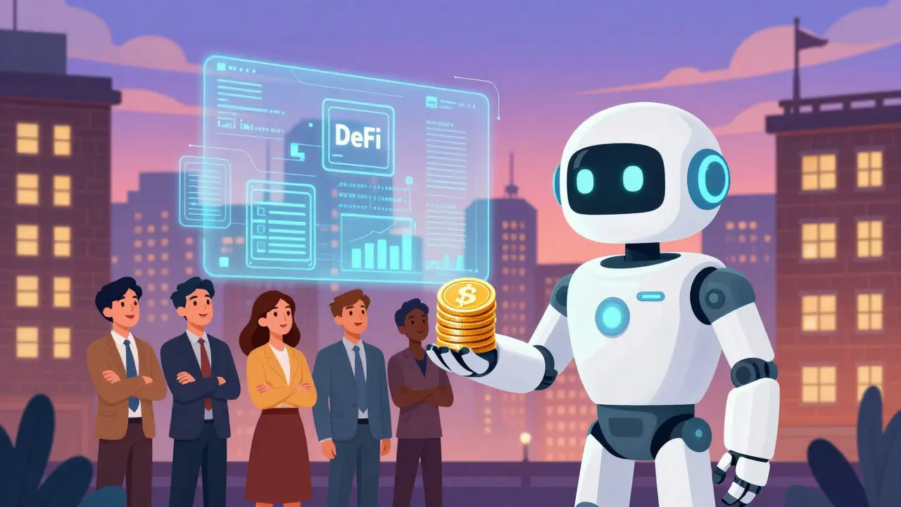 Futuristic cartoon city where investors receive funds from a tech robot