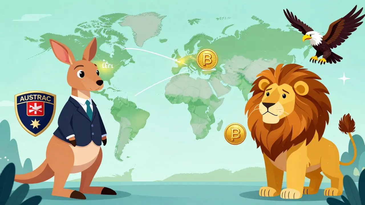 Global crypto regulation comparison featuring Australia, US, and Singapore