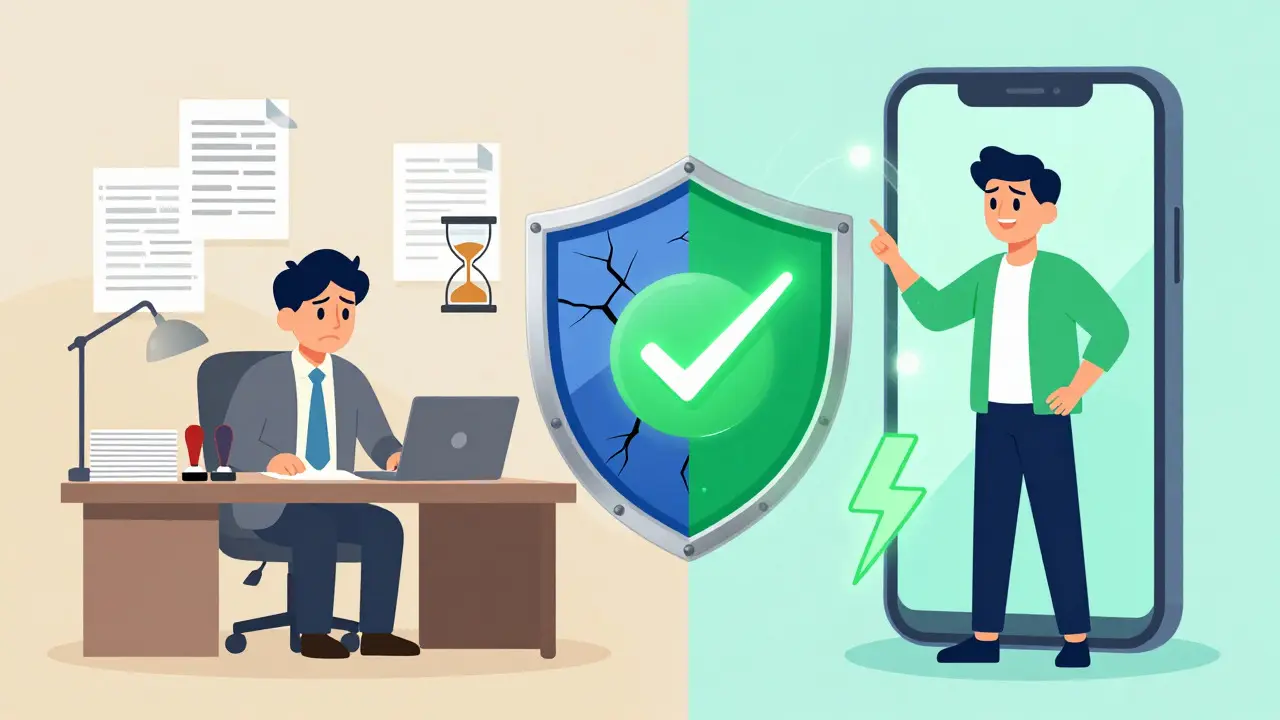 Illustration comparing slow paper processes with fast digital verification