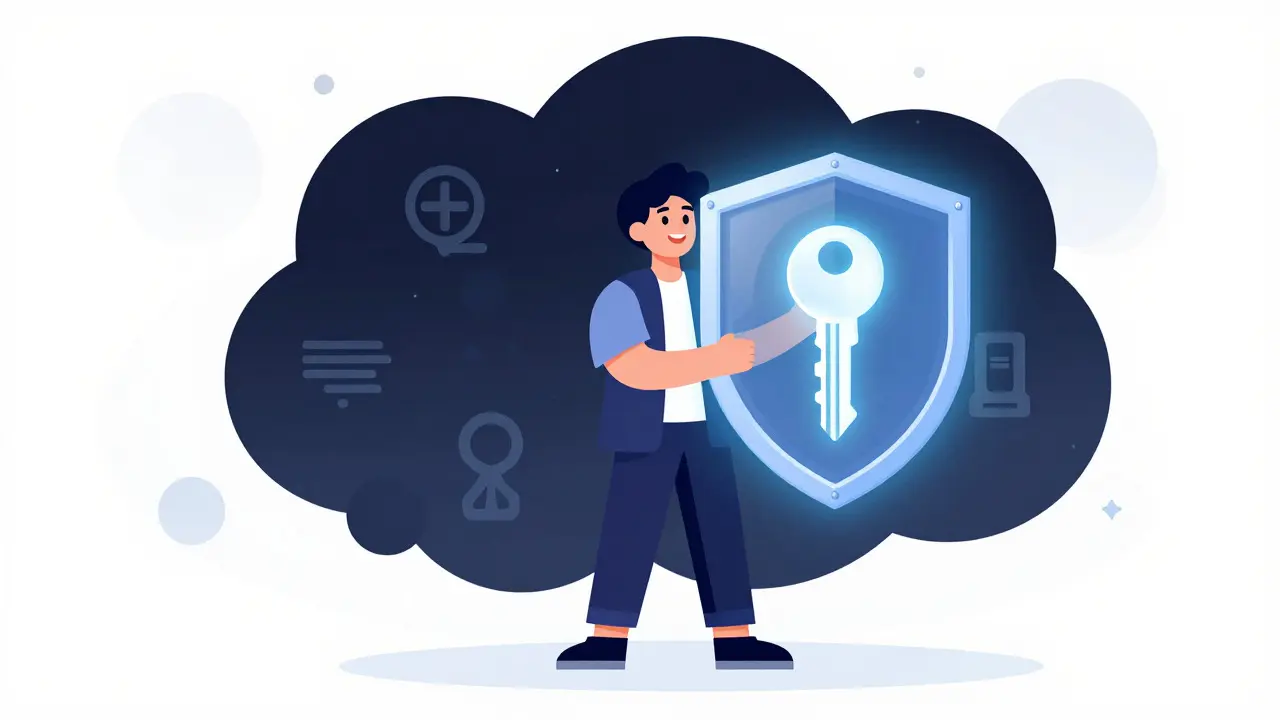 Illustration of a character holding a glowing key protected by a shield