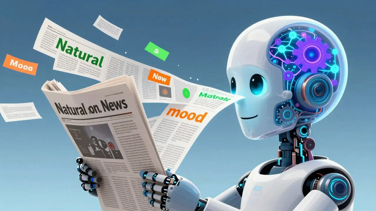 Illustration of an AI robot head analyzing colored blocks of text to gauge market sentiment