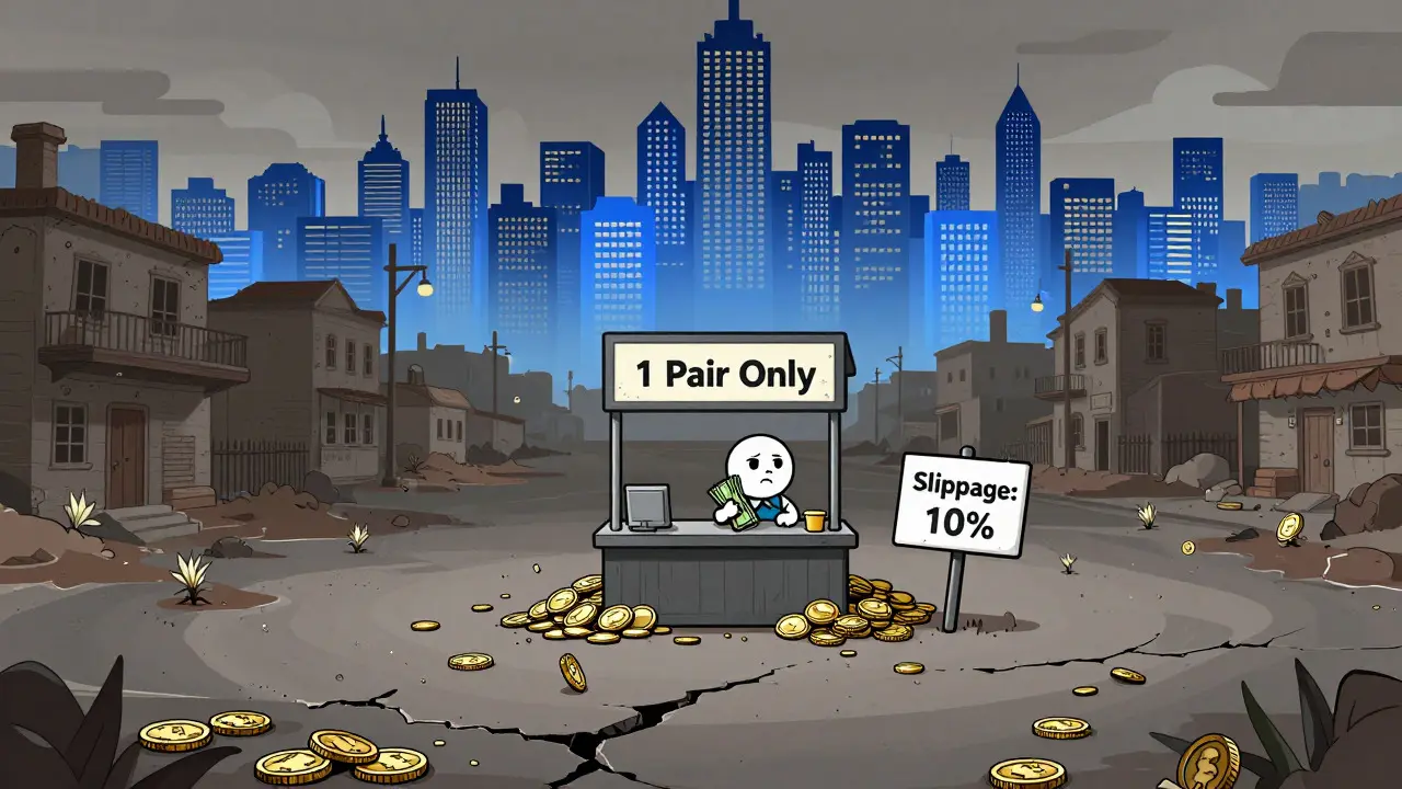 Illustration of an empty, risky crypto trading post
