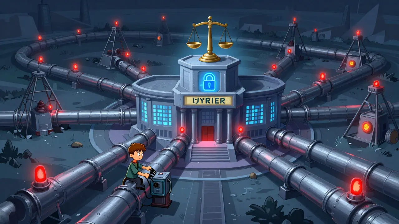 Illustration of miners connected to a central government pool via pipes