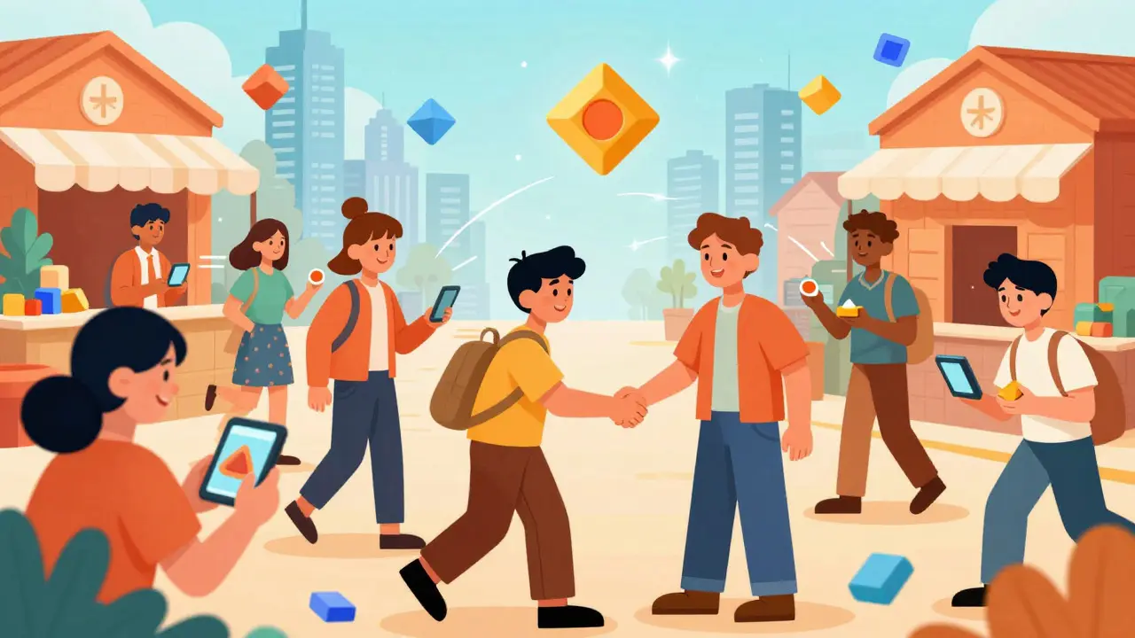 Illustration of people trading colorful property tokens in a lively marketplace