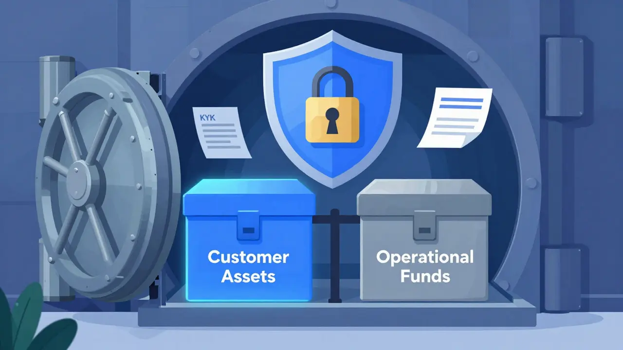 Illustration of segregated customer assets and operational funds in secure vaults.