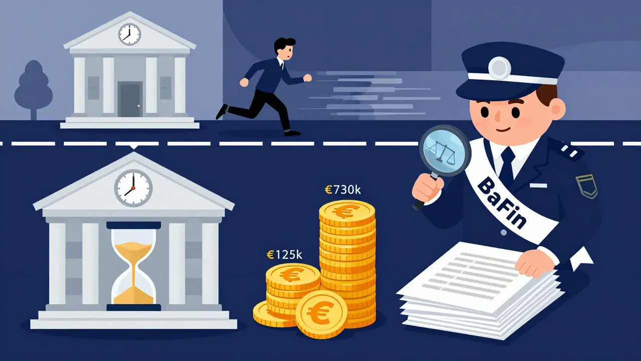Illustration of the German crypto licensing process with capital stacks and timelines