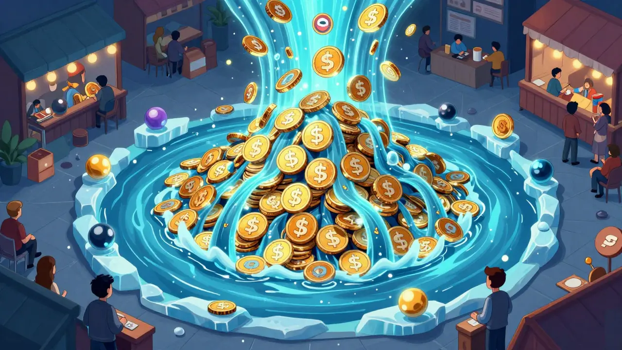 Illustration of USDT liquidity hub with crypto coins flowing in