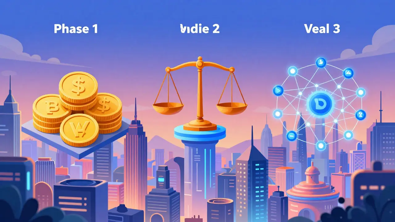Illustration of Veil's three-phase privacy roadmap cityscape