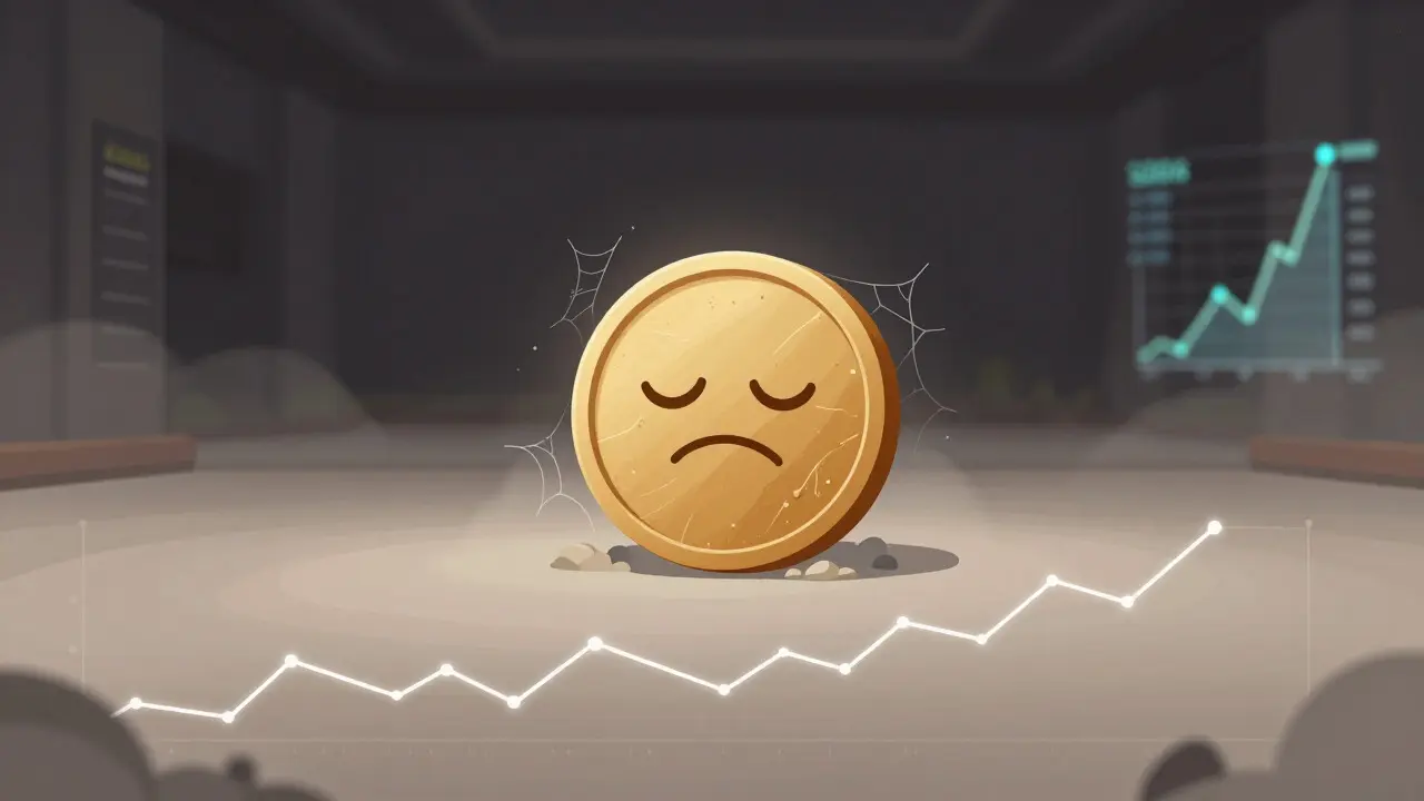 Sad cartoon token character in a dusty, low-liquidity trading environment