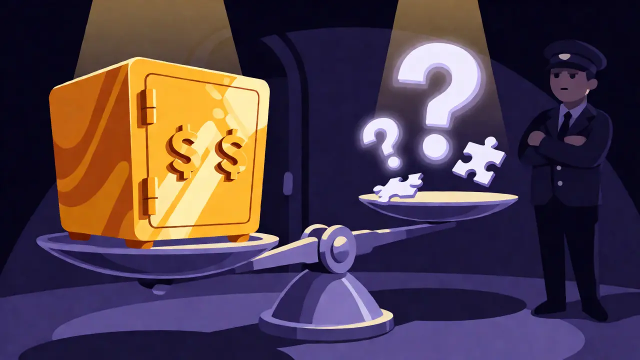 Scale balancing crypto funds against missing regulatory documents in a vault.