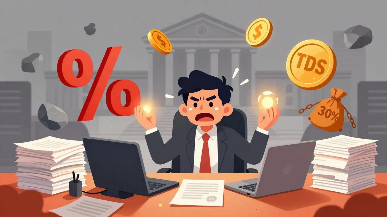 Stressed business owner buried under tax papers and crypto compliance burdens.