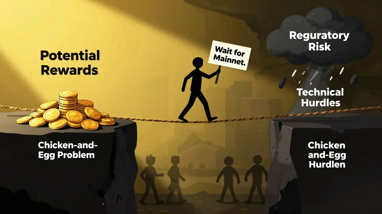 Tightrope walker balancing between rewards and risks